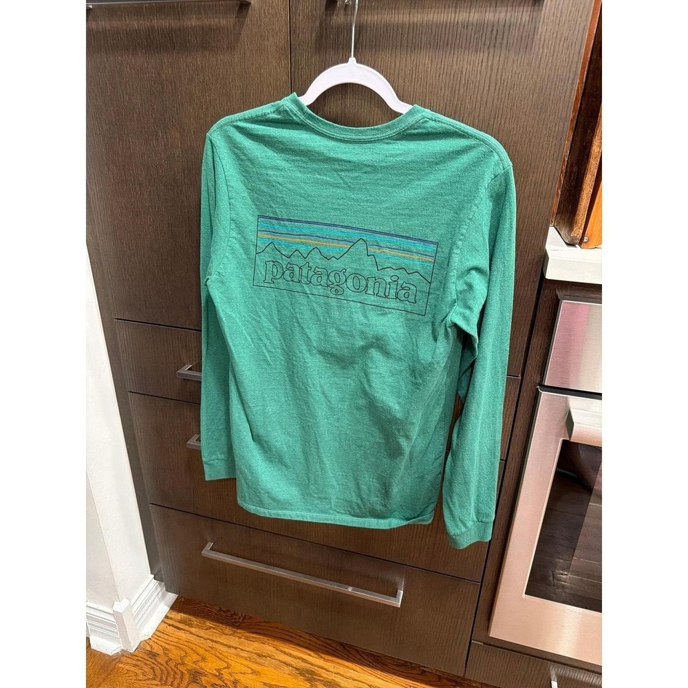 Patagonia P-6 Logo Responsibili-Tee features a large mountain graphic green XS